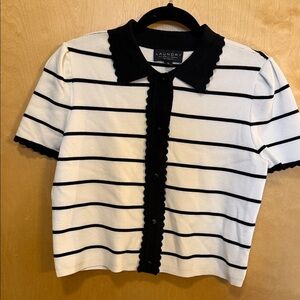 Laundry By Shelli Segal Black and White Striped Scalloped Collar Knit Top Medium